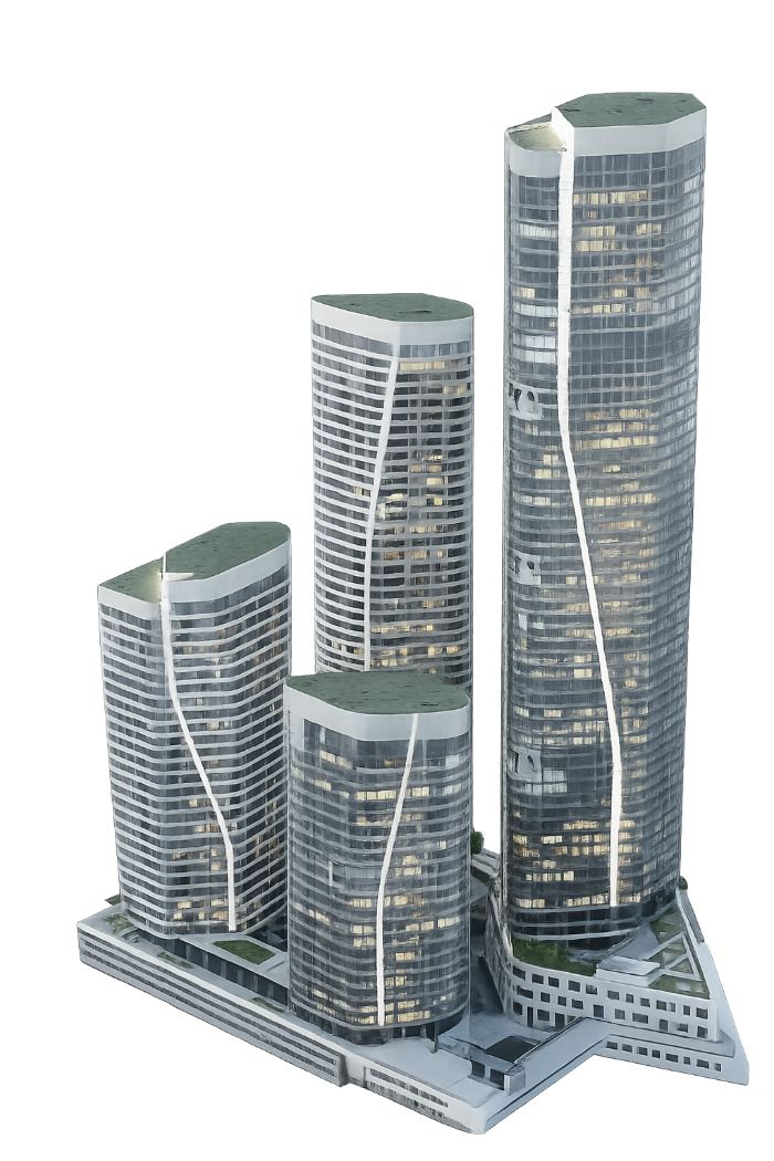 Vier Hochhaustürme des FOUR Frankfurt, unser Büro im rechten Turm